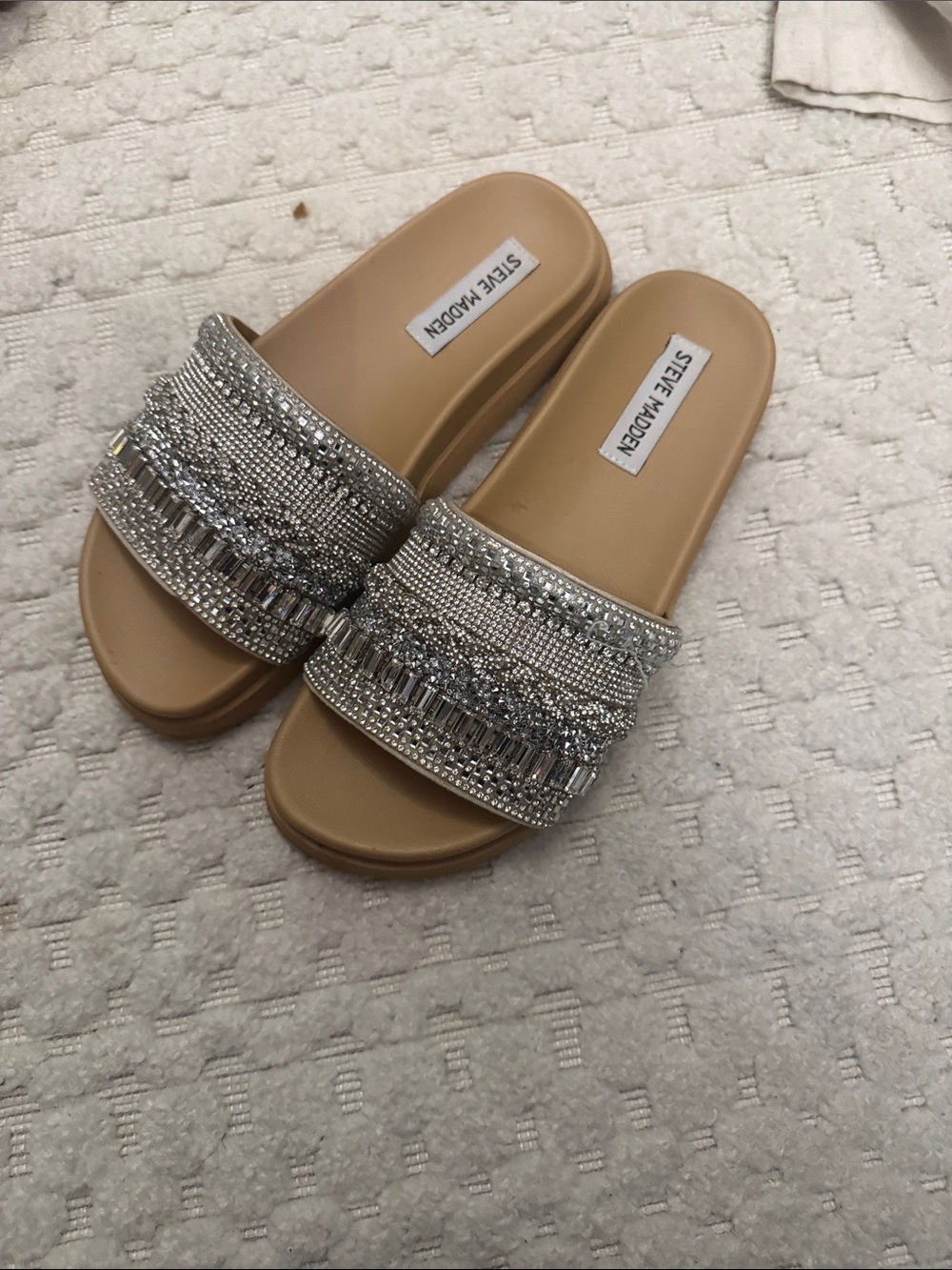 Steve Madden Silver Crystal-Embellished Slide Sandals